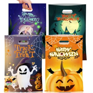 50 pcs halloween goodie bags with handles - happy halloween treat bags, trick or treat gift bag bulk, plastic halloween tote candy goody favor bags for kids halloween party decorations favors supplies