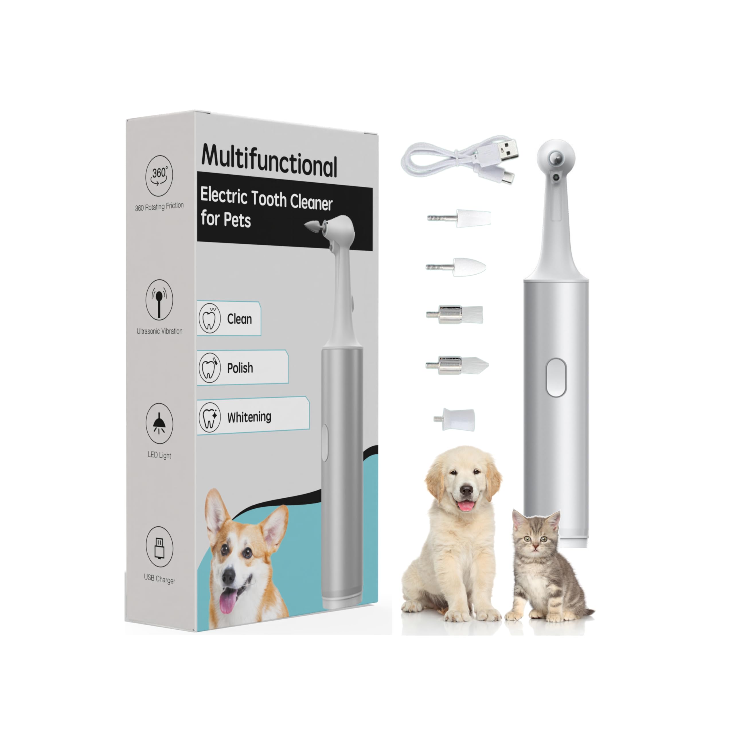 Generic Multifunctional Pet Electric Tooth Cleaning Tool for Dogs and Cats, 1 Count (Pack of 1), Silver