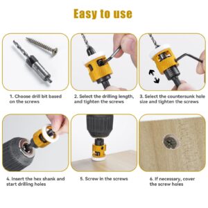 5 Pcs Countersink Drill Bit Set with Low Friction Depth Stop, HSS M2 Bits Tapered Head 1/8" 9/64" 5/32" Drill+3/8” 82° Counter-Bore,11/64" 3/16" Drill+ 1/2" 82° Counter Bore,1/4” Hex Shank(Yellow)