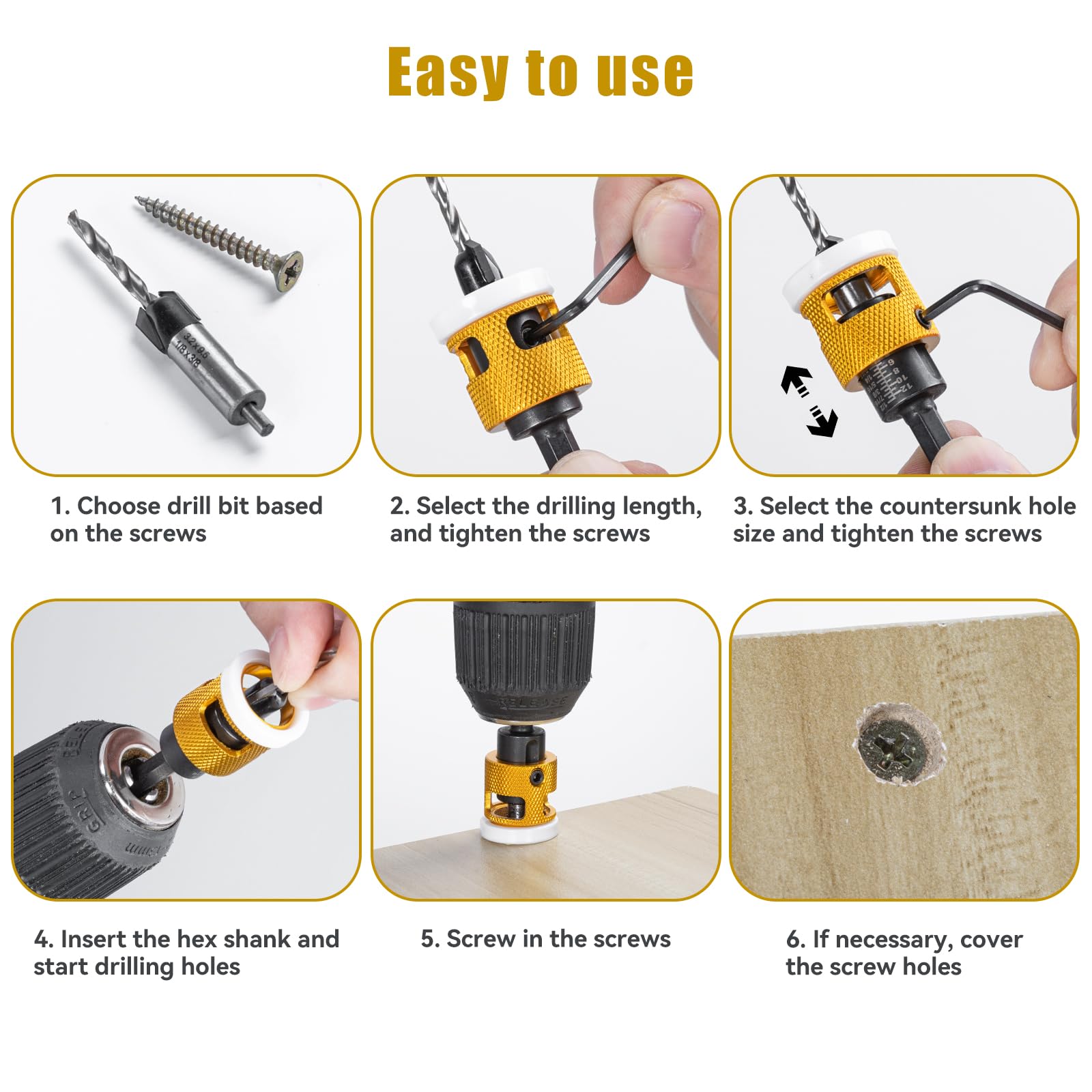 5 Pcs Countersink Drill Bit Set with Low Friction Depth Stop, HSS M2 Bits Tapered Head 1/8" 9/64" 5/32" Drill+3/8” 82° Counter-Bore,11/64" 3/16" Drill+ 1/2" 82° Counter Bore,1/4” Hex Shank(Yellow)