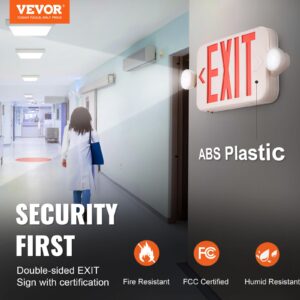 VEVOR LED Emergency Exit Sign, Dual Adjustable LED Heads, Battery-Backed Fire Exit Lighting, Red Letter Combo, Commercial Grade