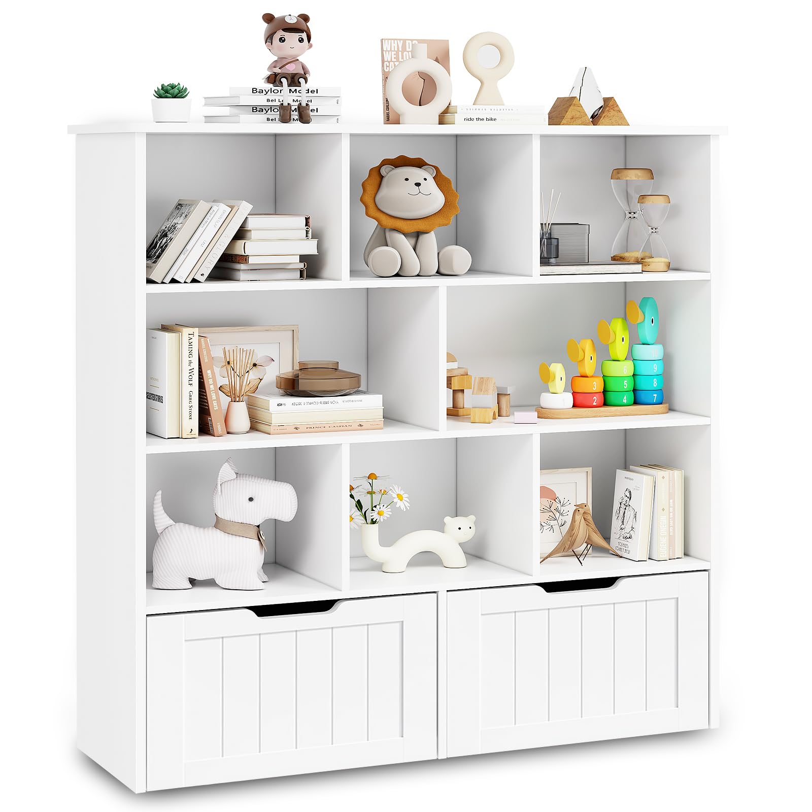 Toy Storage Organizer with Bookshelf, Large Toy Organizers and Storage 2 Movable Drawers with Hidden Wheels and 8 Storage Cubbies, Kids Bookshelf and Toy Storage Chest, Playroom Furniture, White