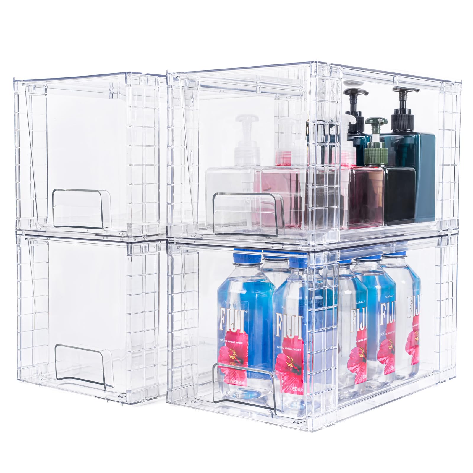 Zero Zoo 4 Pack Large Stackable Storage Drawers,Clear Acrylic Drawer Organizers with Handles, Easily Assemble for Kitchen Undersink,Bathroom,Cabinet,Makeup,Closet,Pantry,Organization and Storage