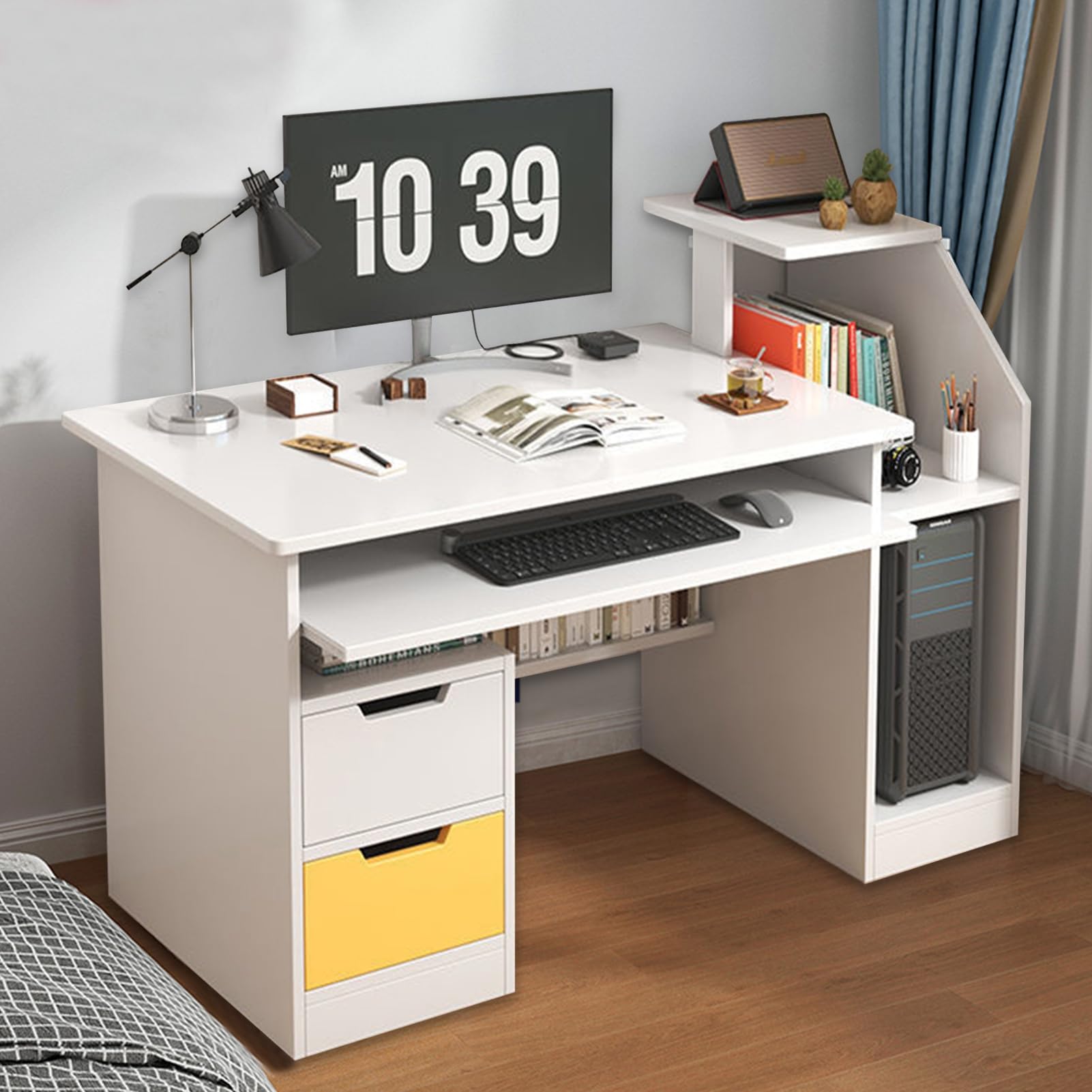 Honrane Computer Desk with 2 Drawers and 3 Hutch Shelves, 47" Gaming Desk with Wide Desktop and Keyboard Drawer, Wood Home Office desks,Modern Writing Desk White