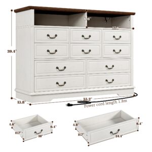 EnHomee 10 Drawers Dresser for Bedroom 55.2''Wide Wood Dresser White Dresser with LED & Power Outlet Large Dressers & Chests of Drawers for Closet,Hallway, 55.2" W x 39.4" H x15.8 D