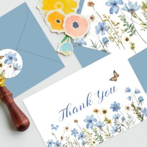 Whaline 24Pcs Blue Wildflower Thank You Cards with Envelopes and Stickers Dusty Blue Flower Greeting Cards Floral Blank Note Cards for Wedding Bridal Baby Shower