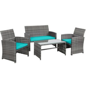 shintenchi 4-piece outdoor gray wicker patio conversation furniture set, rattan patio furniture set with weather resistant cushions and tempered glass tabletop,blue