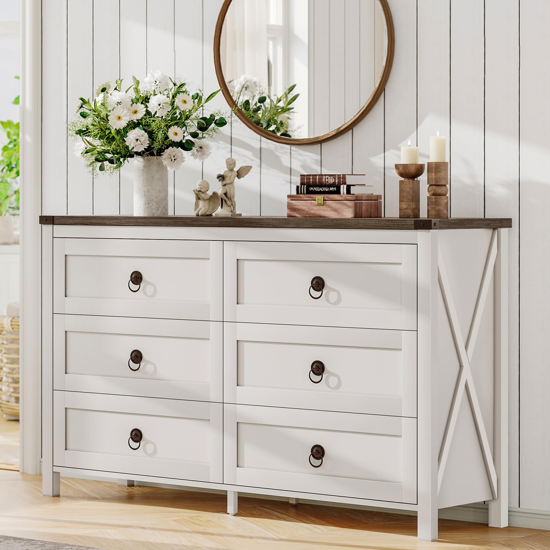 ChooChoo Farmhouse 6 Drawer Dresser, White Dresser for Bedroom, Wide Dressers & Chests of Drawers for Entryway, Hallway