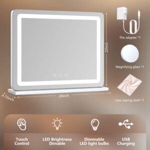 Gvnkvn Makeup Vanity Mirror with USB Charging Port 28" x 22" Large LED Makeup Mirror, Desk Mirorr with Lights, Light up Mirror with 10X Magnification and, Dimmable 3 Modes, Touch Control White