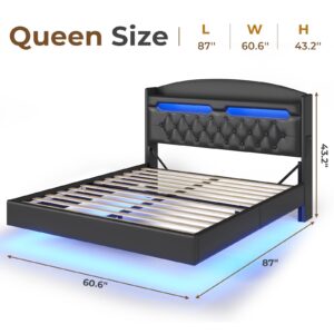 ADORNEVE Floating Bed Frame Queen with Hidden Storage Headboard, Floating LED Bed Frame with Charging Station, Upholstered Leather Platform Bed with Storage, No Box Spring Needed, Black