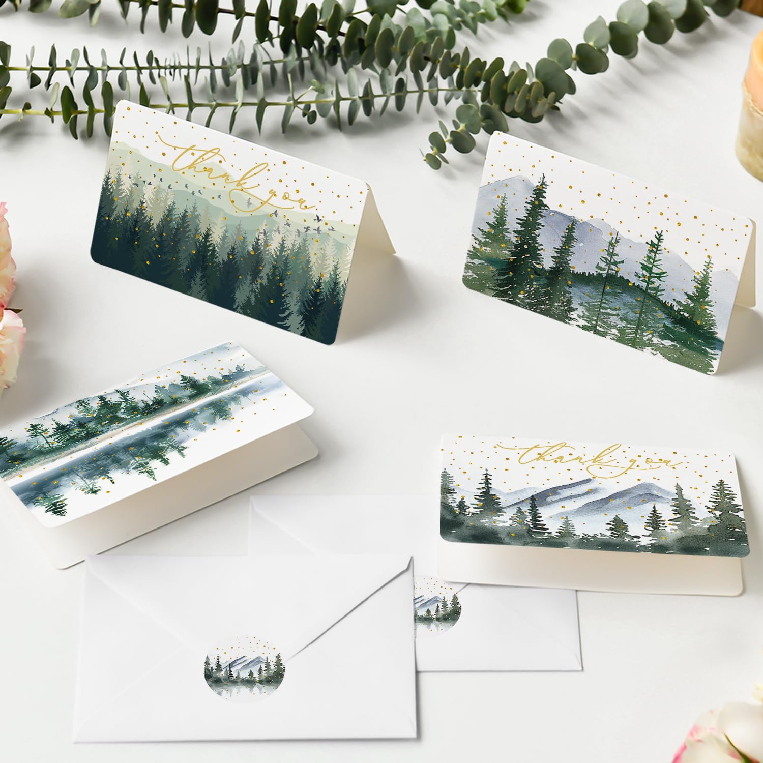 Artoid Mode 36 Pack Mountain Tree Forest Thank You Cards Golden Polka Dot Greeting Cards Gift With Envelope Sticker Blank Note Cards for Birthday Wedding Baby Shower Bridal Shower, 4 x 6 Inch