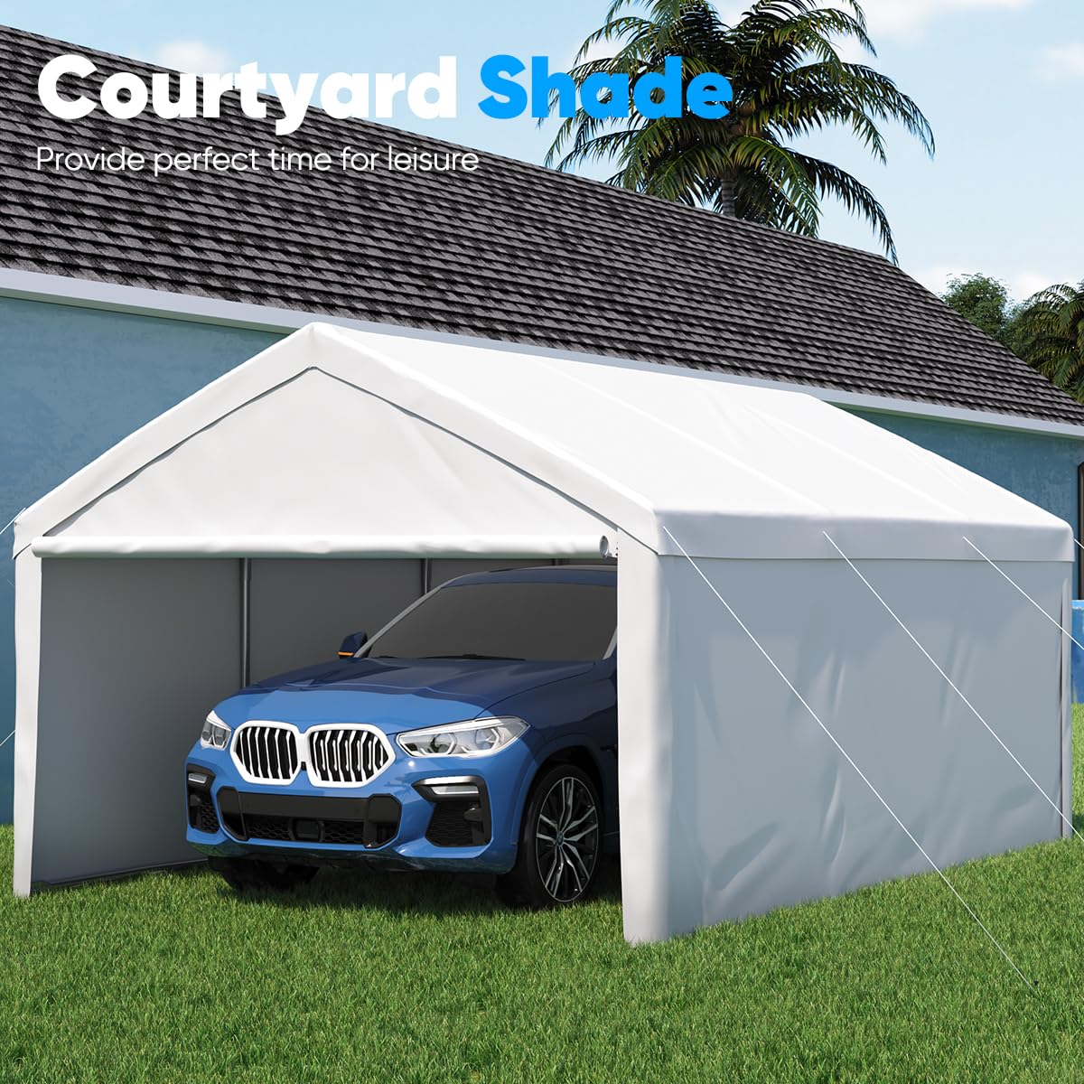 Quictent 13’x20’ Heavy Duty Carport Car Canopy Galvanized Car Boat Shelter with Removable Sidewalls, Reinforced Top Poles and Ground Bar-White