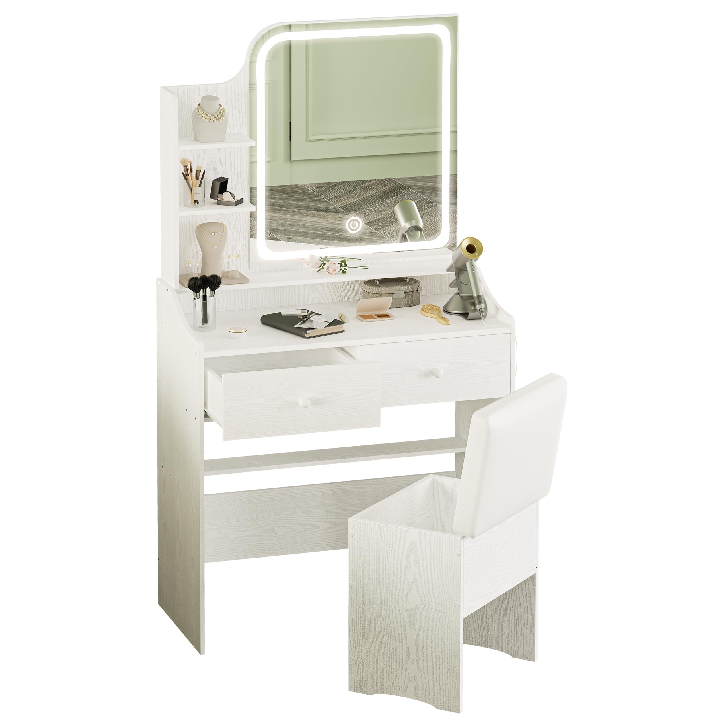 LIKIMIO Makeup Vanity Desk with Mirror and Lights, Vanity Table Set with Storage Drawer, Chair and Three Shelves, White