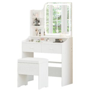 LIKIMIO Makeup Vanity Desk with Mirror and Lights, Vanity Table Set with Storage Drawer, Chair and Three Shelves, White