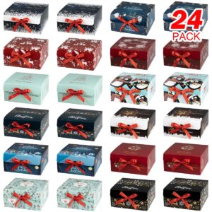 ARTLYMERS Christmas Gift Boxes with Lids, 24 Pack Gift Boxes and Red Ribbon Christmas Themed Pattern Small Gift Boxes for Christmas Presents Gifts Easy Assemble