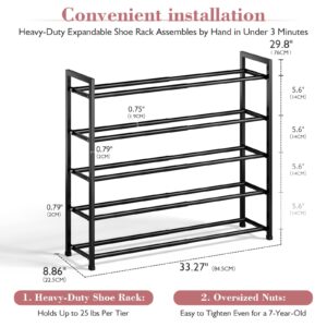 Bumusty 5-Tier Expandable Shoe Rack for Closet, 18“-33” Adjustable Shoe Rack for Small Space, Small Shoe Organizer for Front Door, Sturdy Metal (Black)