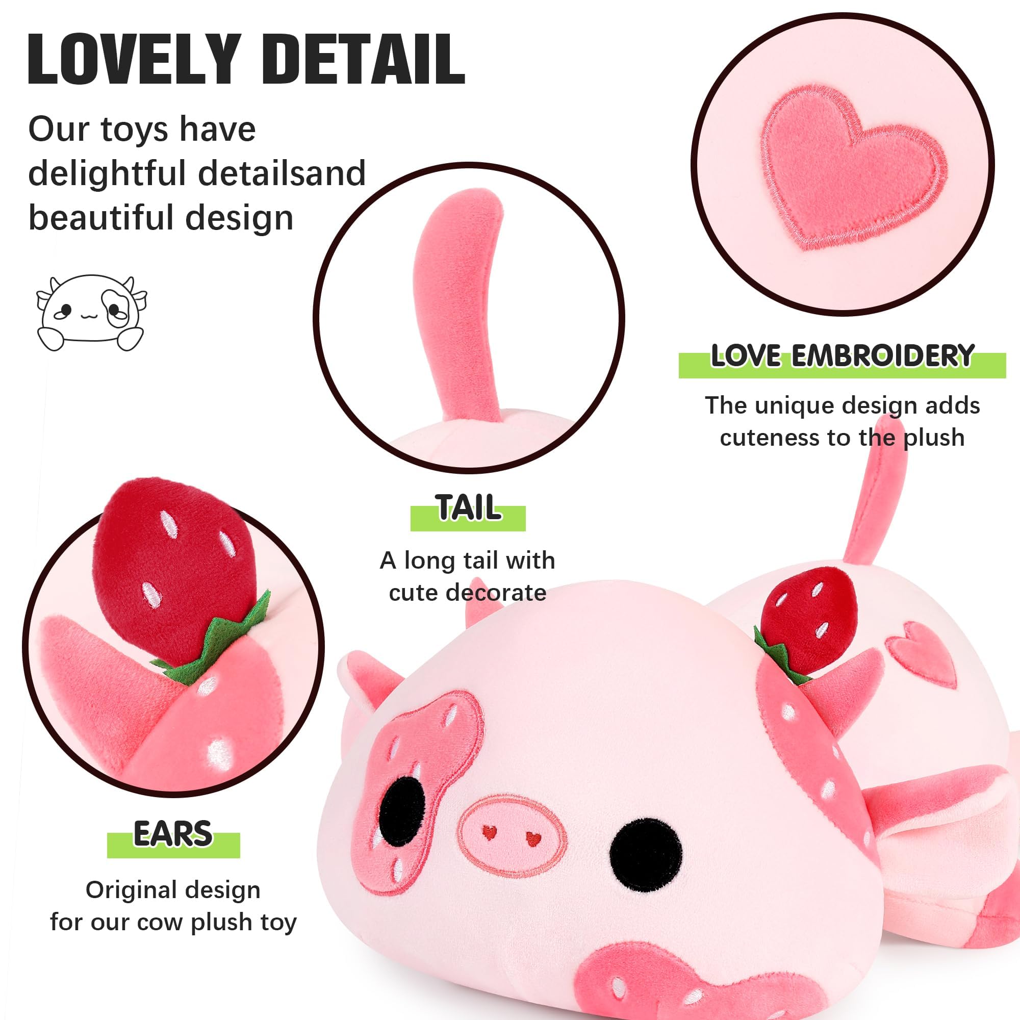 Onsoyours Weighted Cow Stuffed Animals, 3.3 lbs Weighted Strawberry Cow Plush Pillow Toy 20" Large Weighted Plushies for Kids