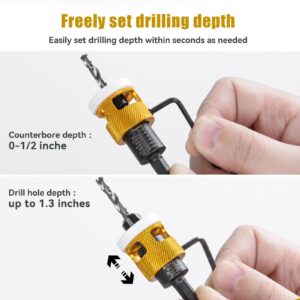 5 Pcs Countersink Drill Bit Set with Low Friction Depth Stop, HSS M2 Bits Tapered Head 1/8" 9/64" 5/32" Drill+3/8” 82° Counter-Bore,11/64" 3/16" Drill+ 1/2" 82° Counter Bore,1/4” Hex Shank(Yellow)