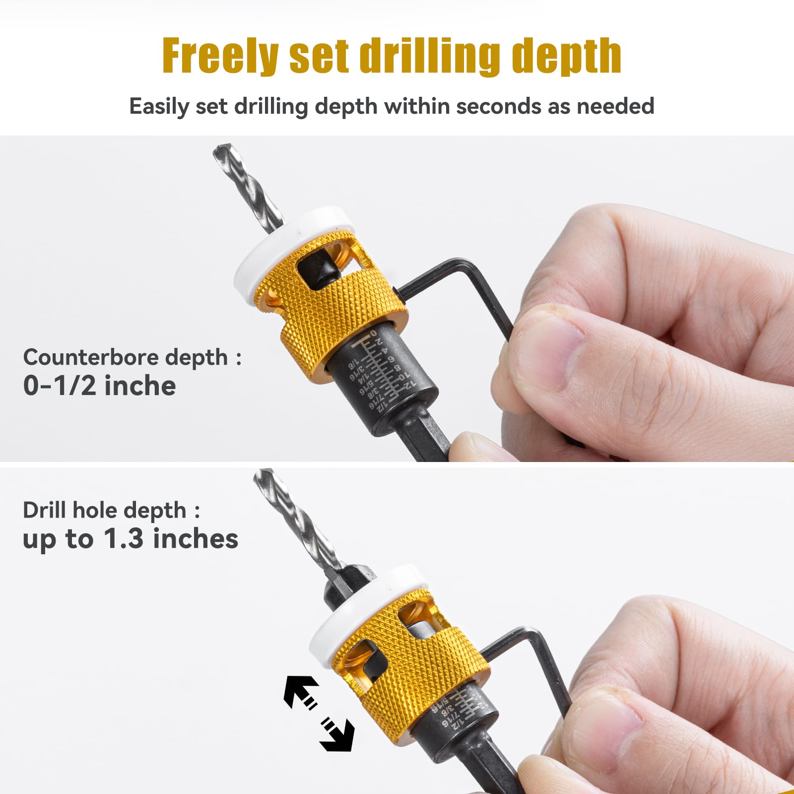 5 Pcs Countersink Drill Bit Set with Low Friction Depth Stop, HSS M2 Bits Tapered Head 1/8" 9/64" 5/32" Drill+3/8” 82° Counter-Bore,11/64" 3/16" Drill+ 1/2" 82° Counter Bore,1/4” Hex Shank(Yellow)