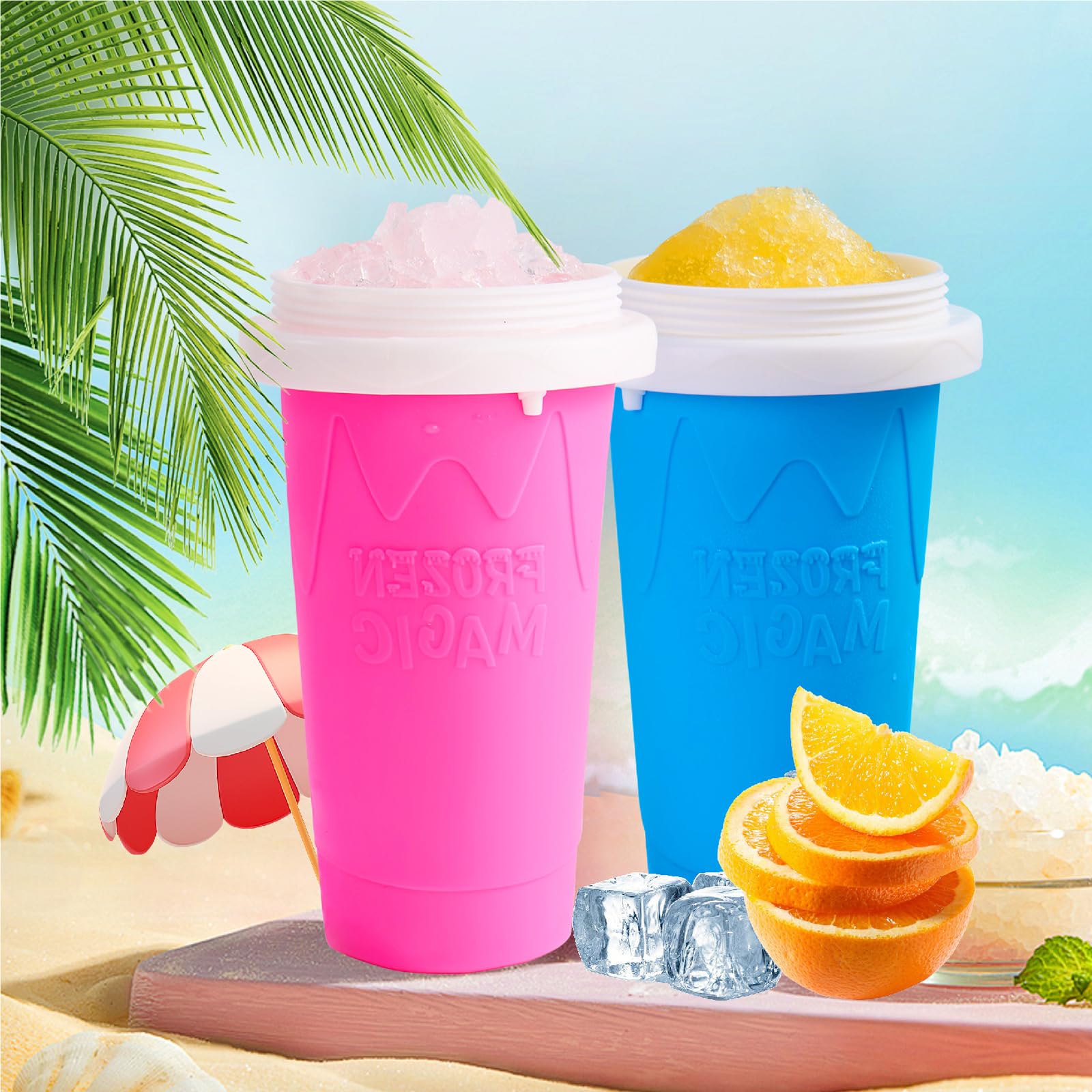 Slushie Cup 2Pcs, PandyCare Slushy Slushie Maker Cup (EVA Material) - DIY Frozen Magic Slushy Smoothies Milk Shake Cooling Cups Instant Slushie Maker Icee Cups Slushie with Lids - Blue & Pink 2Pcs