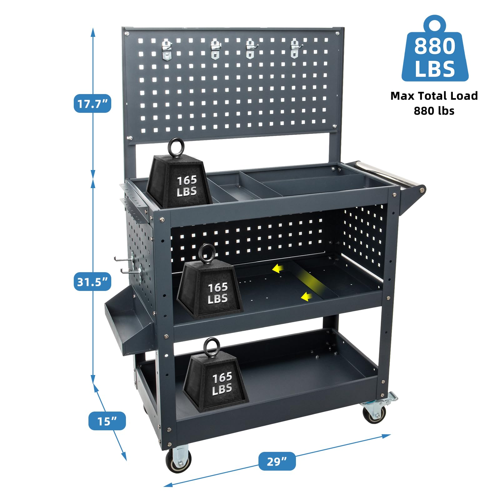 Car Wash Cart with Wheels, Heavy Duty Mechanic Tool Cart, 49"x29"x15", 880 lbs Capacity, 3-Tier Rolling Utility Cart with Pegboard, 4 Dividers, 3 Mesh Panels & Screwdriver Shelf for Jobsite