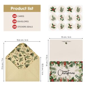 Artoid Mode 24 Pack Merry Christmas Thank You Cards Plant Holly Greeting Cards Gift With Envelope Sticker Blank Note Cards for Birthday Wedding Baby Shower Bridal Shower, 4 x 6 Inch