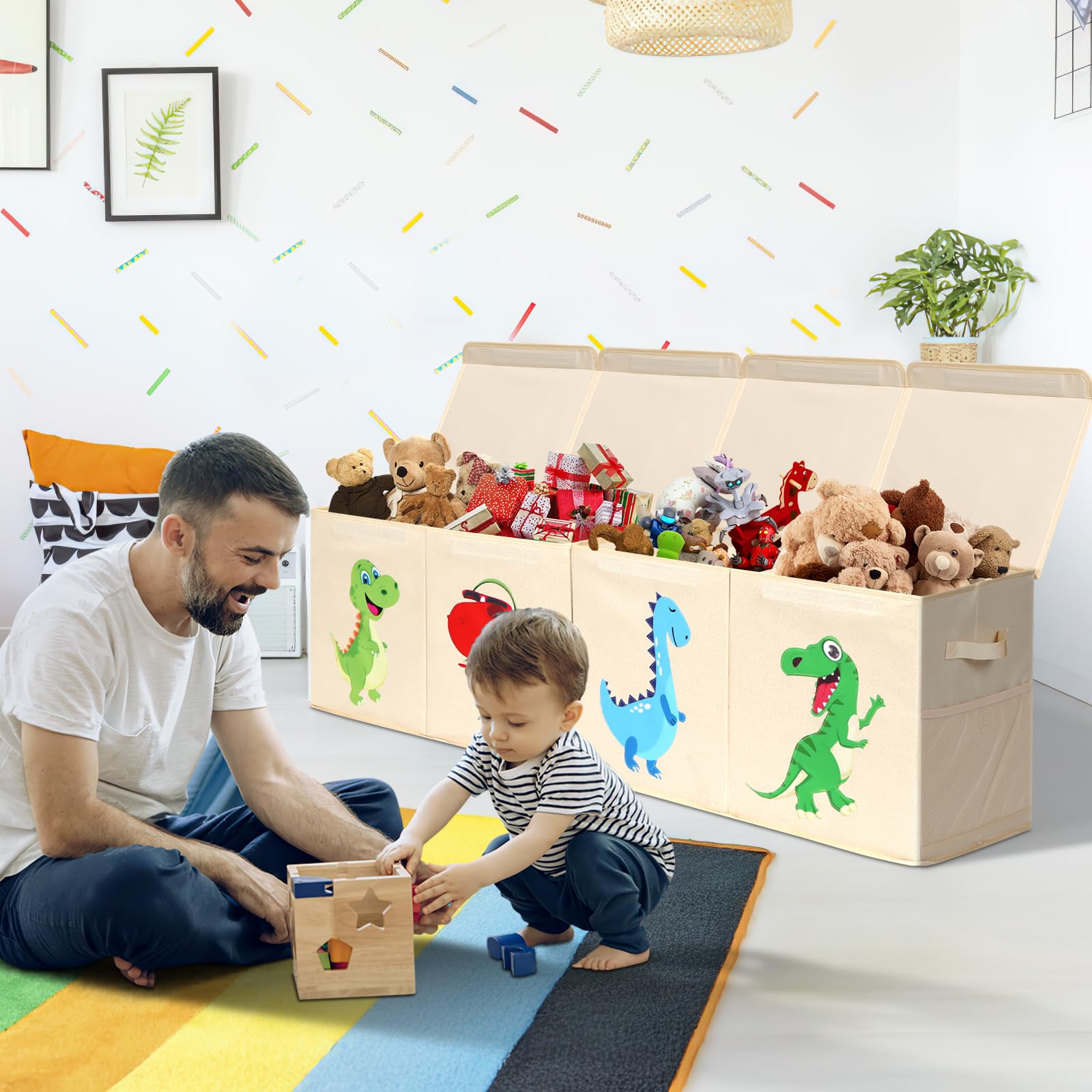 Extra Large Toy Chest for Boys, Collapsible Toy Storage Boxes with Magnetic Lid, Dinosaur Toy Box for Toys, Clothes, Blankets, Books, 51.96"x11.81"x15.75", Beige