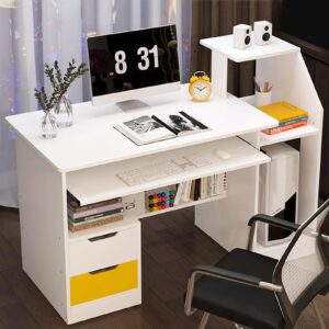 Honrane Computer Desk with 2 Drawers and 3 Hutch Shelves, 47" Gaming Desk with Wide Desktop and Keyboard Drawer, Wood Home Office desks,Modern Writing Desk White