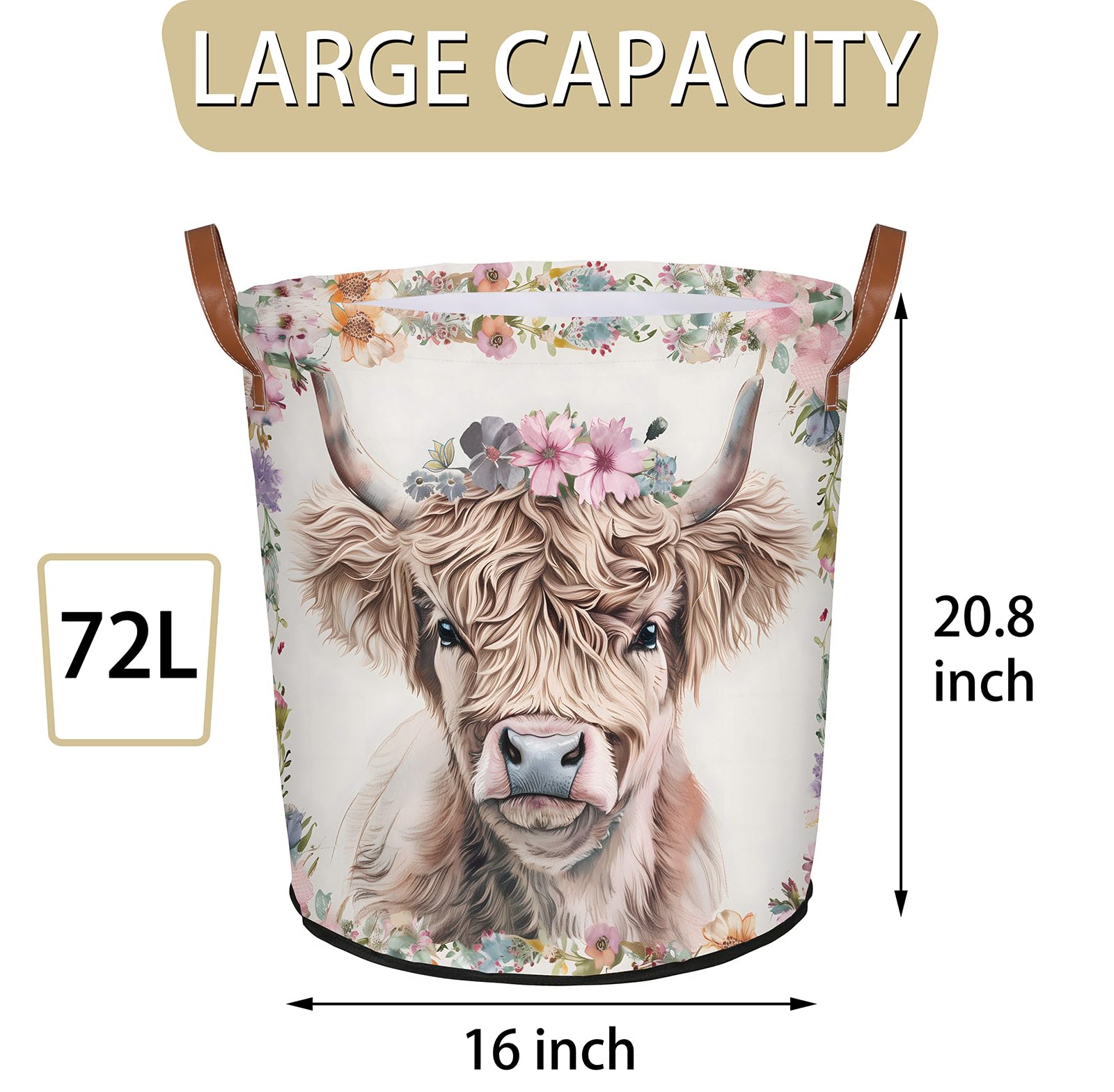 Mozaigos Highland Cow Laundry Basket Waterproof Collapsible Laundry Hamper Tote With Handles Toy Storage Basket Organizer Dirty Clothes Hamper for College Dorm, Bathroom, Bedroom, Living Room