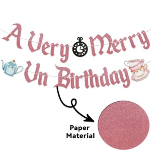 A Very Merry UnBirthday Banner, Wonderland Birthday Party Decorations for Girl, Funny Birthday Party Decor Rose Gold Glitter