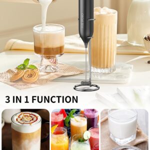 CIRCLE JOY Milk Frother Hanheld with Stand, Electric Coffee Frother, Battery Operated Hand Frother Wand Drink Mixer Mini Foamer for Matcha Lattes Cappuccino, Kitchen Gifts, Black