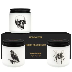 homsolver halloween candles, halloween decorations indoor decor gifts, hallloween spooky skull crow spider candles, halloween home decor indoor - hallloween lavender 3 candles set with led light