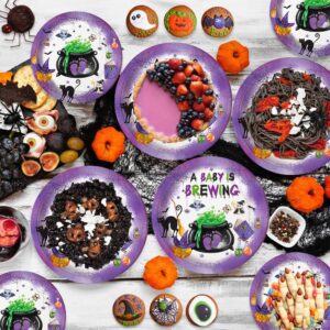 AIBIIN 194pcs Halloween Baby Shower Decorations Halloween A Baby is Brewing Baby Shower Party Plates, Cup, Napkin, Tablecloth, Tableware, Halloween Party Supplies Plates Serve 24 Guests