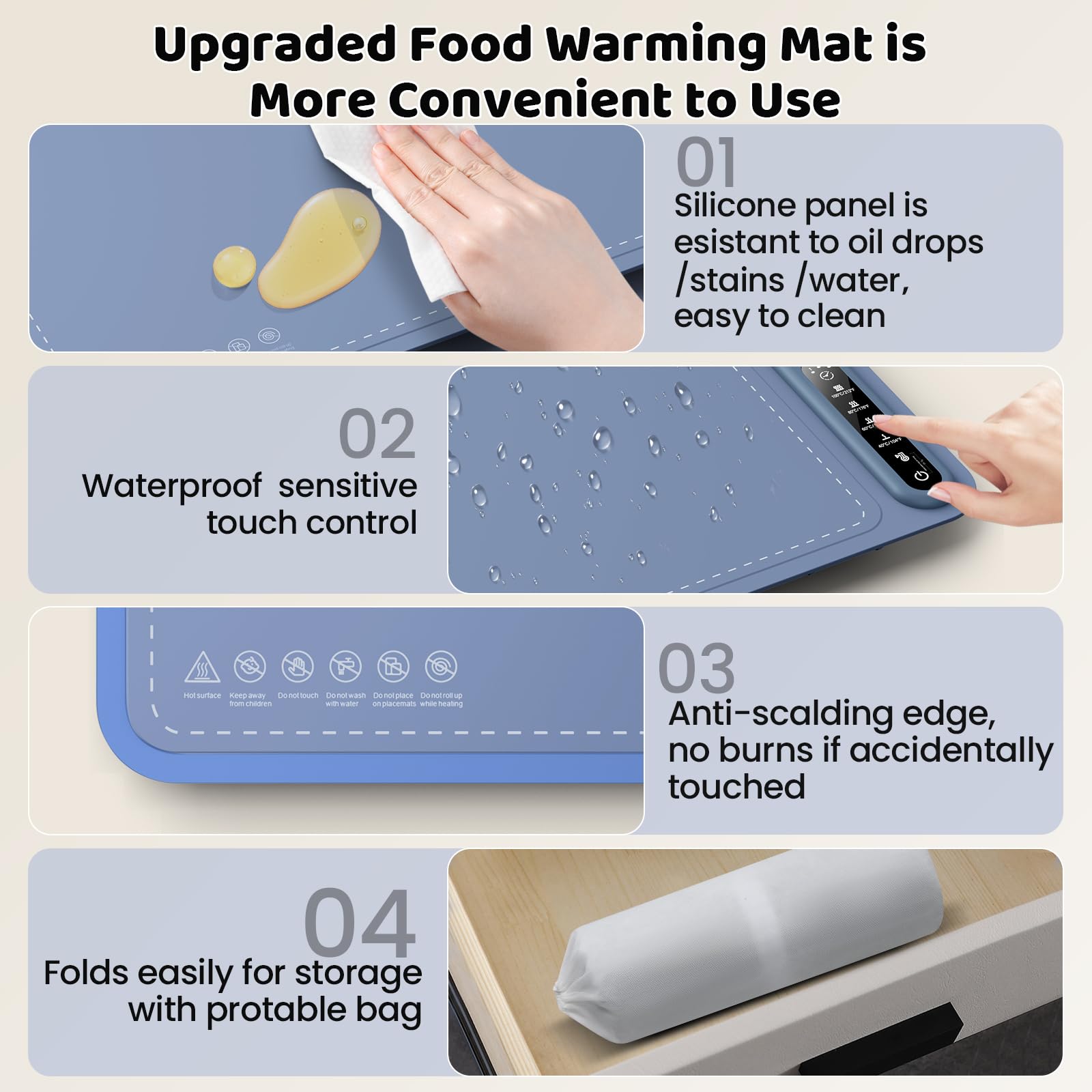 Food Warming Mat Electric Warming Tray Silicone with Full Surface Heating 4 Temperature Timming Settings and Child-Lock, Foldable Portable Food Warmers for Parties Buffet Gatherings Countertop