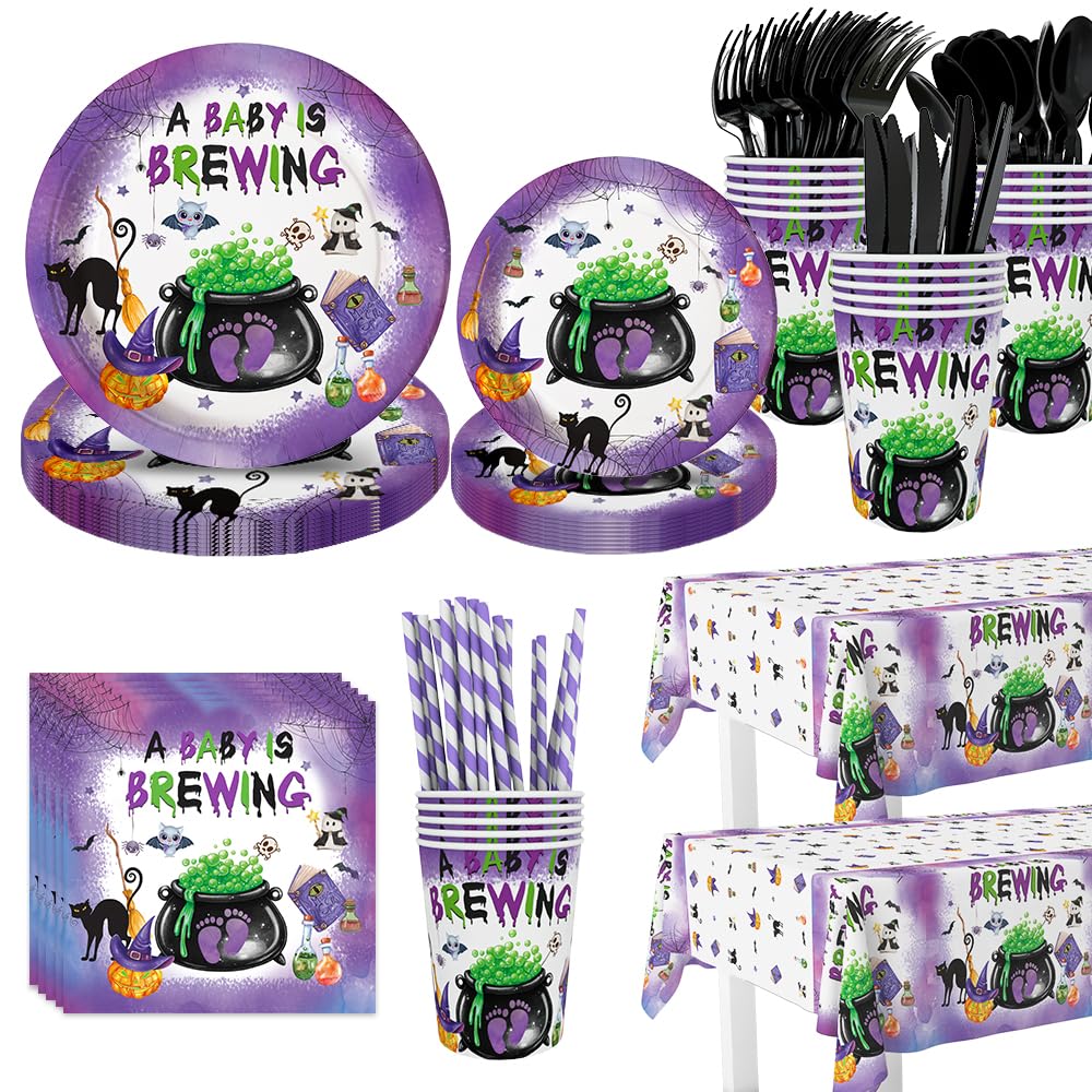 AIBIIN 194pcs Halloween Baby Shower Decorations Halloween A Baby is Brewing Baby Shower Party Plates, Cup, Napkin, Tablecloth, Tableware, Halloween Party Supplies Plates Serve 24 Guests