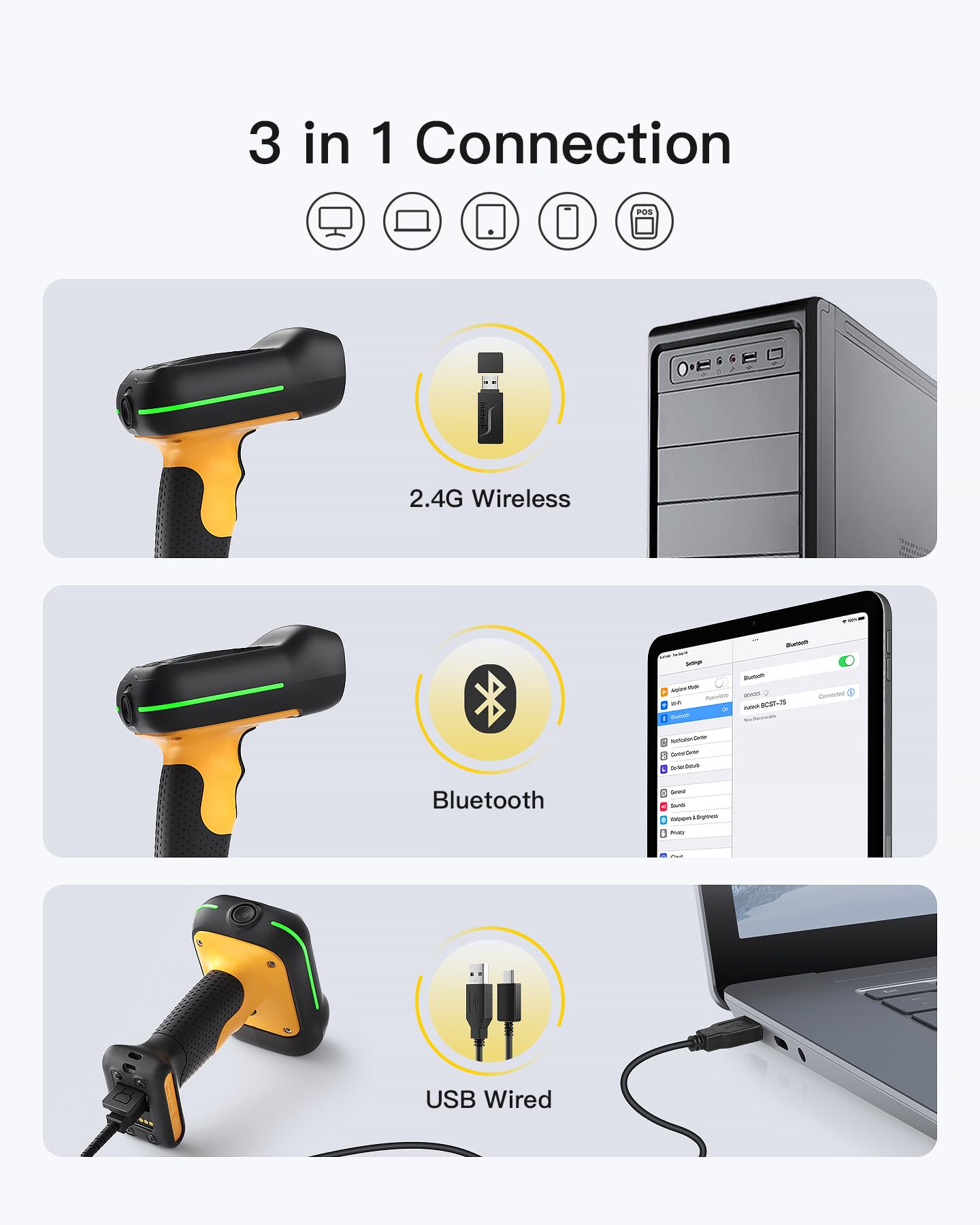 Inateck Industrial Barcode Scanner Bluetooth, 1D 2D QR Code Scanner Wireless with IP67 Waterproof and Dustproof, Handscanner with App & SDK, BCST-75