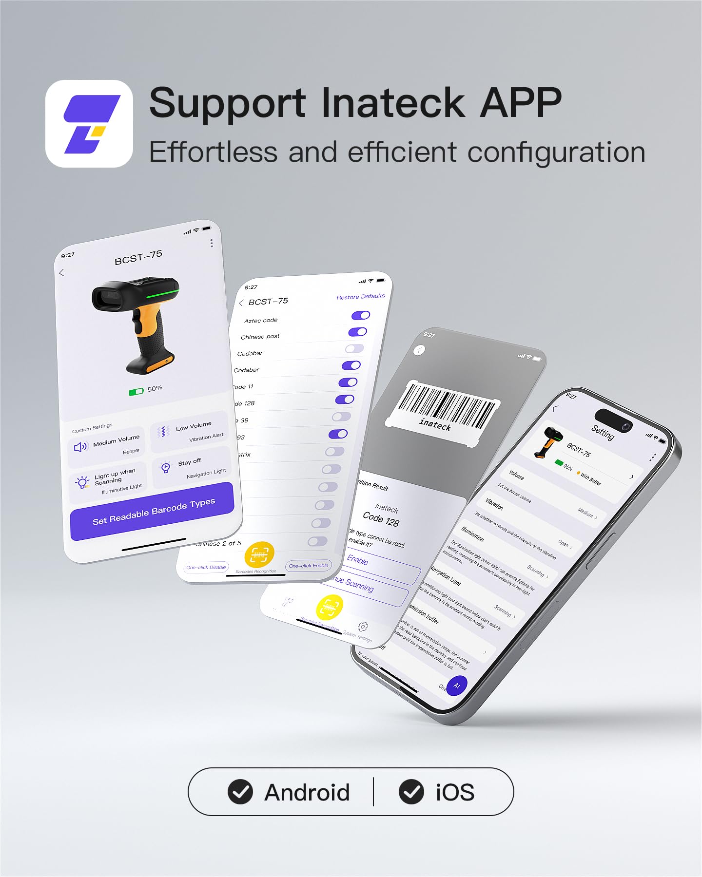 Inateck Industrial Barcode Scanner Bluetooth, 1D 2D QR Code Scanner Wireless with IP67 Waterproof and Dustproof, Handscanner with App & SDK, BCST-75