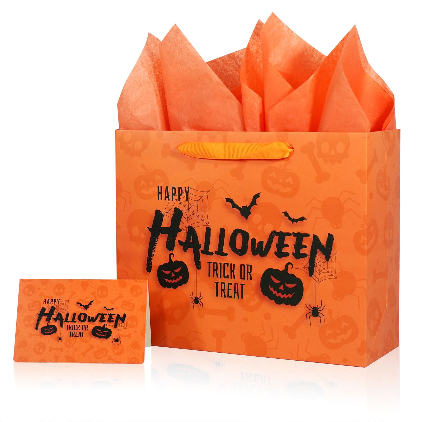 Halloween Trick or Treat Gift Bag with Greeting Card and Tissue Papers, 12.6" Reusable Halloween Paper Bag with Handles for Halloween Party Supplies