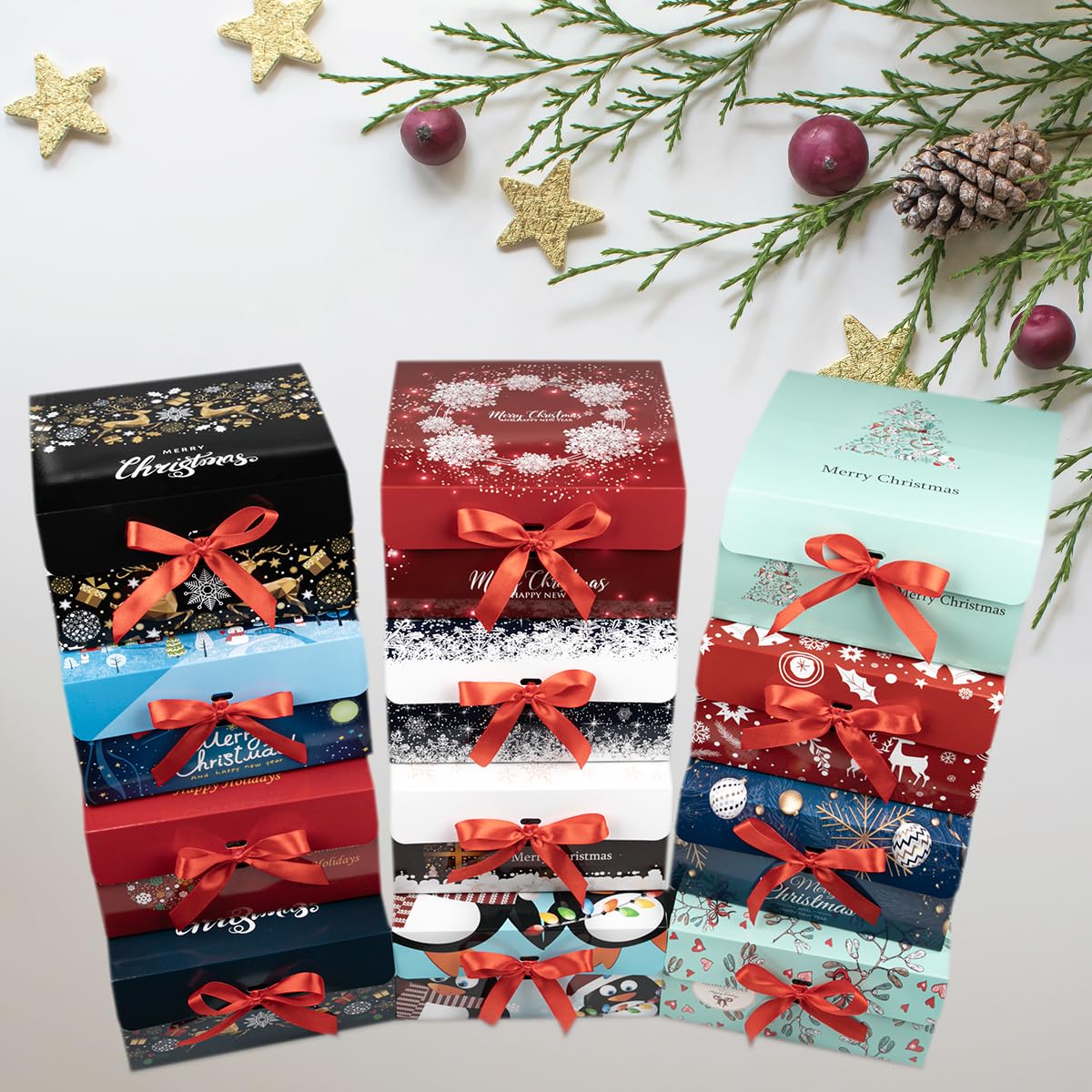 ARTLYMERS Christmas Gift Boxes with Lids, 12 Pack Gift Boxes and Red Ribbon Christmas Themed Pattern Small Gift Boxes for Christmas Presents Gifts Easy Assemble