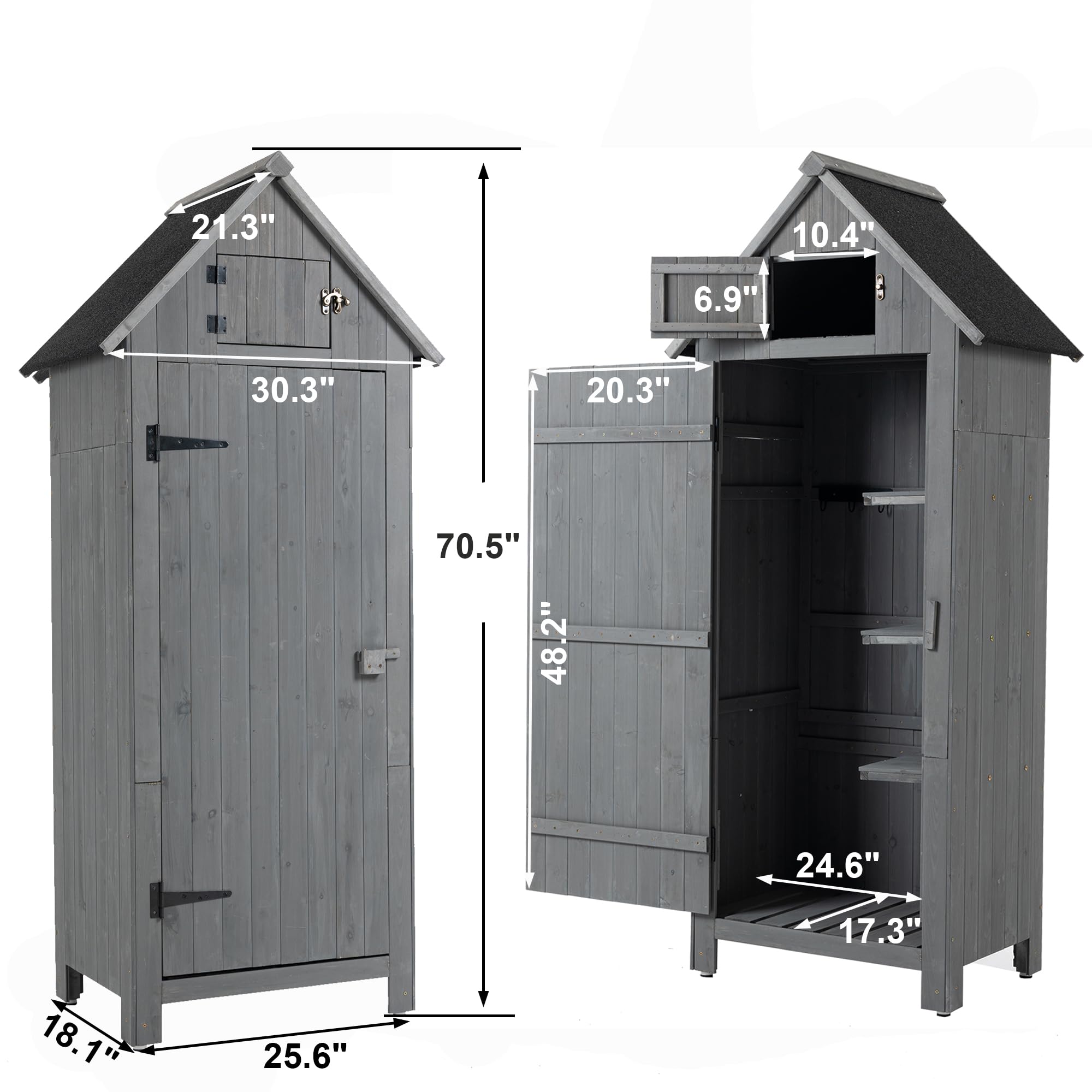 30.3" L X 21.3" W X 70.5" H Outdoor Storage Cabinet Tool Shed Wooden Garden Shed Gray