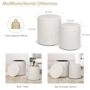 OGEMXU 2 Set Round Ottoman with Storage, Boucle Teddy Ottoman Vanity Stool, Storage Ottoman for Bedroom Living Room, Modern Multifunctional Foot Rest Stool for Bedroom, Living Room, Dorm (White)