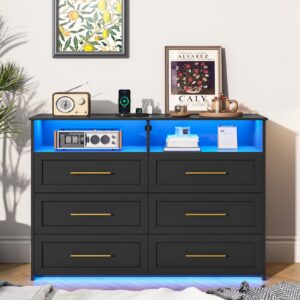 VIAGDO 6 Drawers Dresser for Bedroom with Charging Station & LED Lights, 47.2" Wide Wood Chest of Drawers with Metal Handle, Black Storage Dresser for Closet Bedroom Living Room, Open Storage Cubby