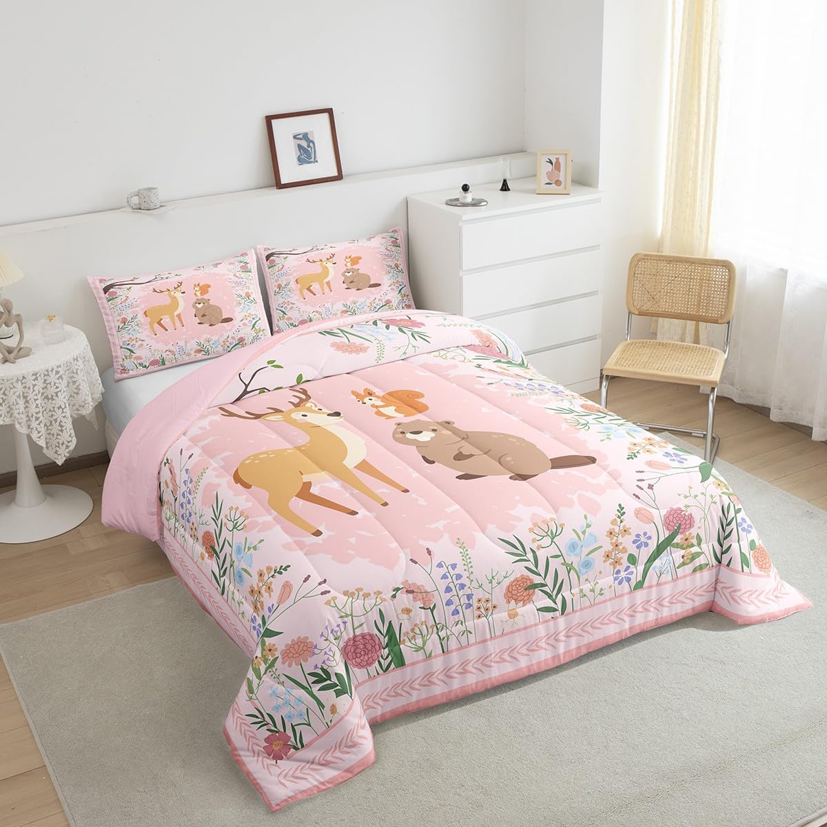 Erosebridal Floral Animal Toddler Kids Bedding Set - Cute Sika Deer Squirrel Comforter Set Twin Size for Teen Girls Woodland Animal Cartoon Fairytale Bed Comforter Set Safari Quilted Duvet Set 2Pcs