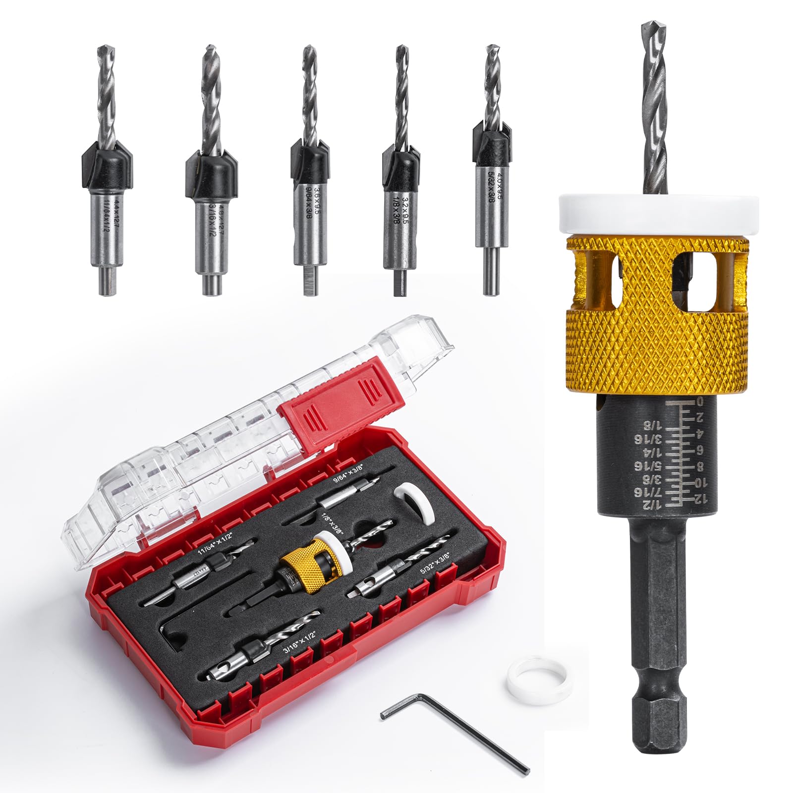 5 Pcs Countersink Drill Bit Set with Low Friction Depth Stop, HSS M2 Bits Tapered Head 1/8" 9/64" 5/32" Drill+3/8” 82° Counter-Bore,11/64" 3/16" Drill+ 1/2" 82° Counter Bore,1/4” Hex Shank(Yellow)