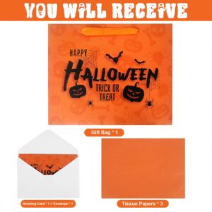 Halloween Trick or Treat Gift Bag with Greeting Card and Tissue Papers, 12.6" Reusable Halloween Paper Bag with Handles for Halloween Party Supplies