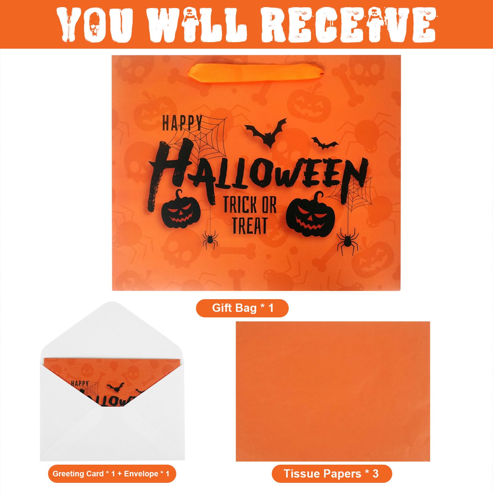 Halloween Trick or Treat Gift Bag with Greeting Card and Tissue Papers, 12.6" Reusable Halloween Paper Bag with Handles for Halloween Party Supplies