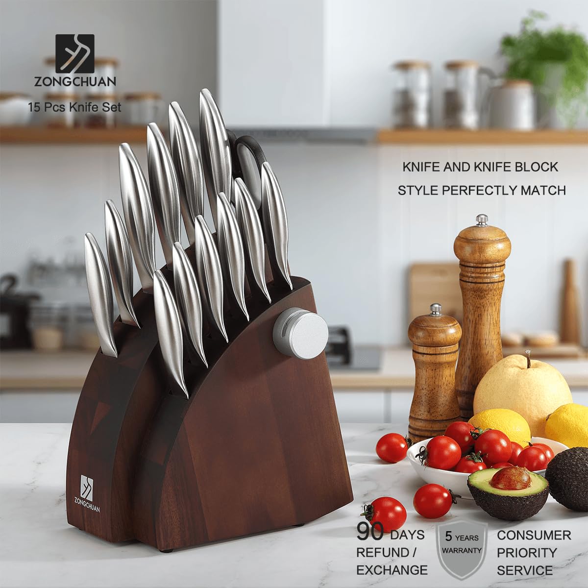 Zongchuan 15-Piece Knife Sets,Ultra-Smooth Cutting Professional Grade Sharp,One-Piece 50Cr15Mov Stainless Steel Kitchen Knife Block Set with Sharpener,Handle Ergonomic Design,Dishwasher Safe