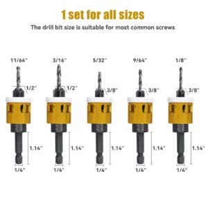 5 Pcs Countersink Drill Bit Set with Low Friction Depth Stop, HSS M2 Bits Tapered Head 1/8" 9/64" 5/32" Drill+3/8” 82° Counter-Bore,11/64" 3/16" Drill+ 1/2" 82° Counter Bore,1/4” Hex Shank(Yellow)