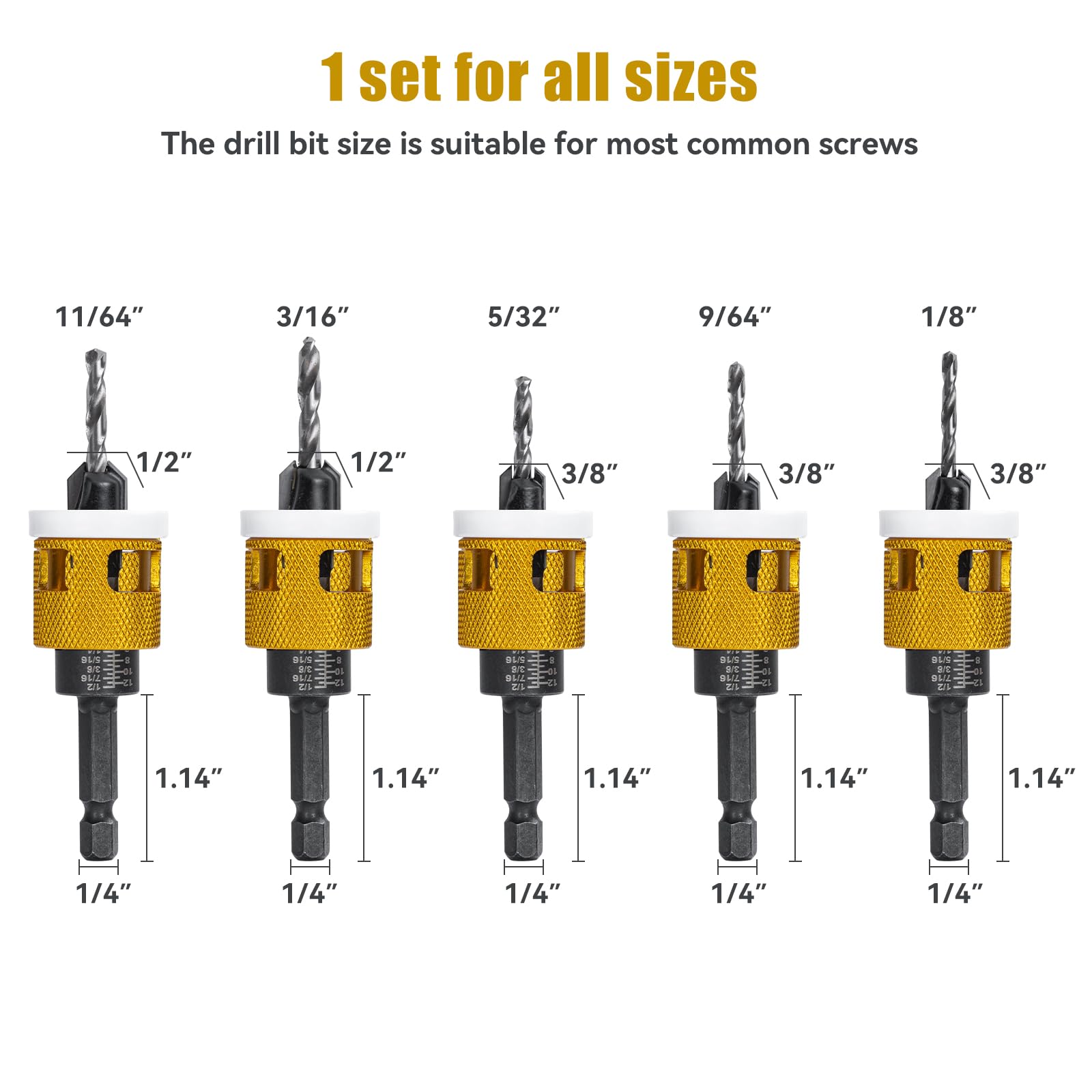 5 Pcs Countersink Drill Bit Set with Low Friction Depth Stop, HSS M2 Bits Tapered Head 1/8" 9/64" 5/32" Drill+3/8” 82° Counter-Bore,11/64" 3/16" Drill+ 1/2" 82° Counter Bore,1/4” Hex Shank(Yellow)