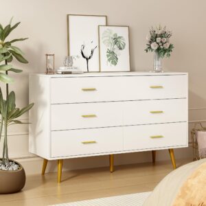 white dresser for bedroom, 6 drawer wood dresser with golden handles, modern dressers & chests of storage drawer for entryway hallway